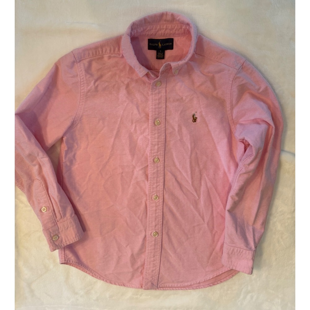 Ralph Lauren Boys Pink Oxford Long Sleeve Button Down Shirt Size 7 Pony Logo
